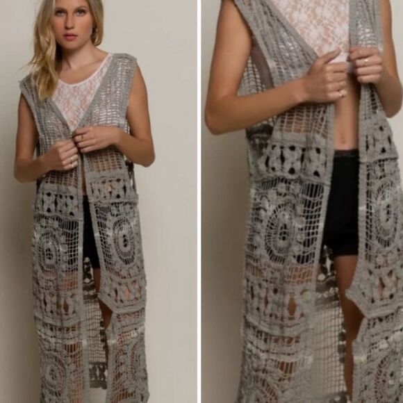 Open Crocheted Layering Maxi Duster Vest - Picture 3 of 7